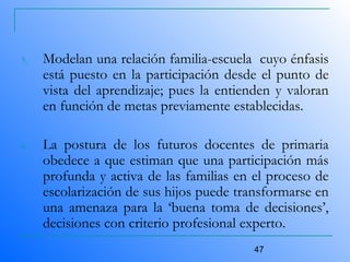 47
5. Modelan una relación familia-escuela cuyo énfasis
está puesto en la participación desde el punto de
vista del aprendizaje; pues la entienden y valoran
en función de metas previamente establecidas.
6. La postura de los futuros docentes de primaria
obedece a que estiman que una participación más
profunda y activa de las familias en el proceso de
escolarización de sus hijos puede transformarse en
una amenaza para la ‘buena toma de decisiones’,
decisiones con criterio profesional experto.
 