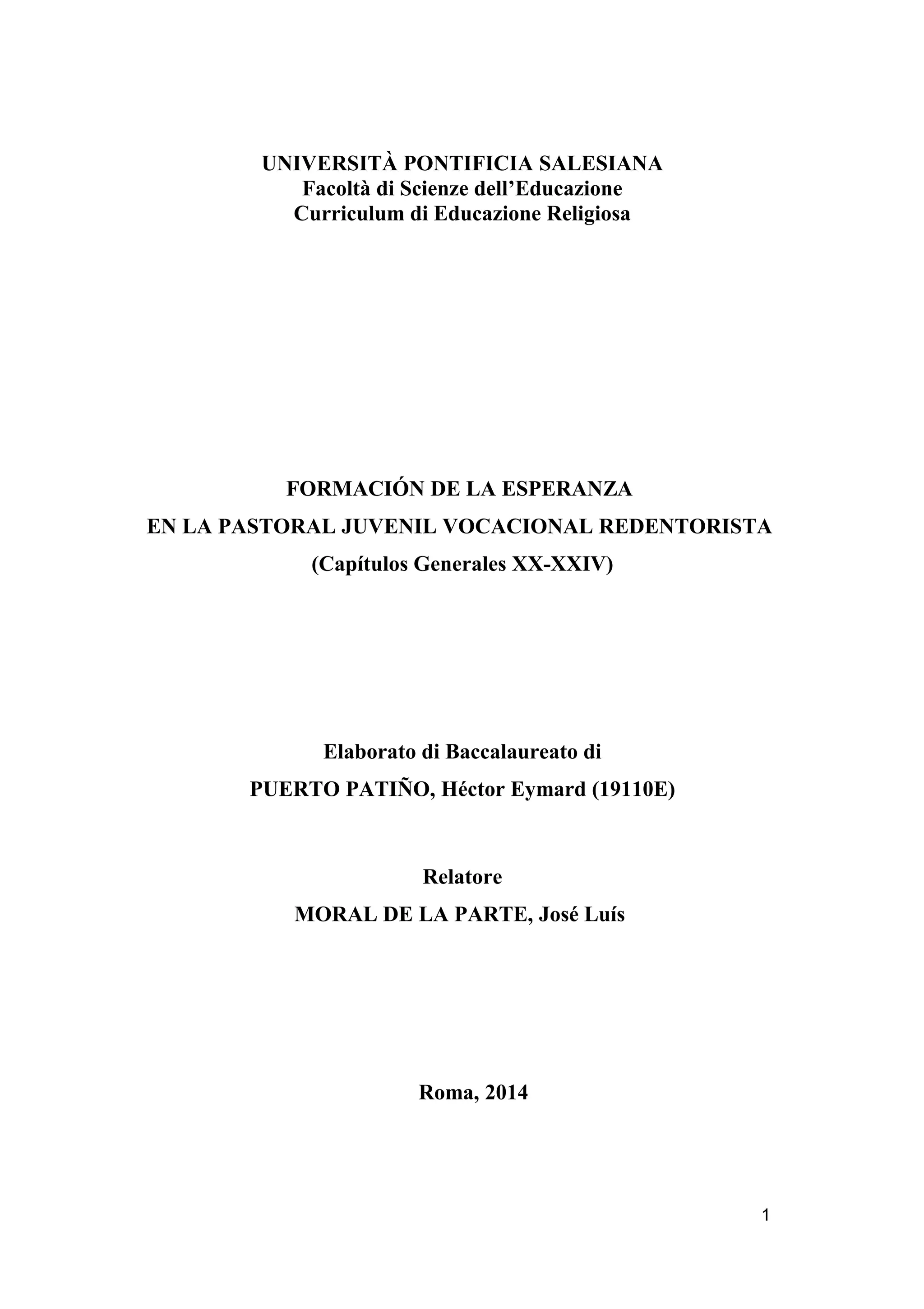 Fomación de la esperanza en la pastoral juvenil vocacional redentorista ...