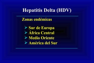 Hepatitis Delta (HDV) Sur de Europa África Central Medio Oriente América del Sur Zonas endémicas 