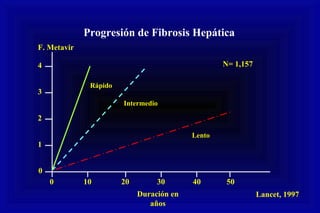 0
1
2
3
4
0 10 20 30 40 50
Duración en
años
Intermedio
Rápido
Lento
N= 1,157
Lancet, 1997
Progresión de Fibrosis Hepática
F. Metavir
 