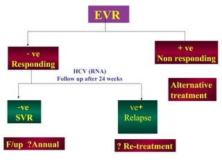 EVR
- ve
Responding
+ ve
Non responding
HCV (RNA)
Follow up after 24 weeks
-ve
SVR
+ve
Relapse
Alternative
treatment
? Re-treatmentF/up ?Annual
 