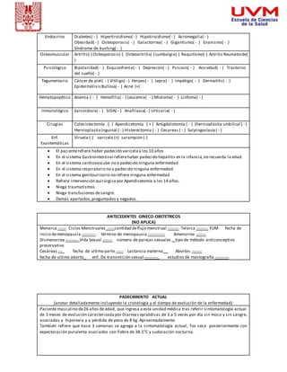 Endocrino Diabetes( - ) Hipertiroidismo( - ) Hipotiroidismo( - ) Acromegalia( - ) 
Obesidad( - ) Osteoporosis( - ) Galactorrea( - ) Gigantismo( - ) Enanismo( - ) 
Síndrome de kushing( - ) 
Osteomuscular Artritis(-) Osteoporosis(-) Osteoartritis(-) Lumbalgia(-) Raquitismo(-) Artritis Reumatoide( 
) 
Psicológico Bipolaridad( - ) Esquizofrenia( - ) Depresión( - ) Psicosis( - ) Ansiedad( - ) Trastorno 
del sueño( - ) 
Tegumentario Cáncer de piel( - ) Vitíligo( - ) Herpes( - ) Lepra( - ) Impétigo( - ) Dermatitis( - ) 
Epidermólisis Bullosa( - ) Acné (+) 
Hematopoyético Anemia ( - ) Hemofilia( - ) Leucemia( - ) Mieloma( - ) Linfoma( - ) 
Inmunológico Sarcoidosis( - ) SIDA( - ) Anafilaxia( - ) Urticaria( - ) 
Cirugias Colecistectomía (- ) Apendicetomía ( + ) Amigdalotomía ( - ) (hernioplastia umbilical ( - ) 
Hernioplastia Inguinal ( - ) Histerectomia ( - ) Cesareas ( - ) Salpingoclasia ( - ) 
Enf. 
Exantemáticas 
Viruela (-) varicela (+) sarampión (-) 
 El paciente refiere haber padecido varicela a los 10 años 
 En el sistema Gastrointestinal refiere haber padecido hepatitis en la infancia, no recuerda la edad. 
 En el sistema cardiovascular no a padecido ninguna enfermedad 
 En el sistema respiratorio no a padecido ninguna enfermedad. 
 En el sistema genitourinario no refiere ninguna enfermedad 
 Refiere intervención quirúrgica por Apendicetomía a los 14 años. 
 Niega traumatismos 
 Niega transfusiones de sangre. 
 Demás apartados, preguntados y negados. 
ANTECEDENTES GINECO-OBSTETRICOS 
(NO APLICA) 
Menarca ------ Ciclos Menstruales -----cantidad de flujo menstrual -------- Telarca -------- FUM fecha de 
inicio de menopausia ---------- término de menopausia ------------ Amenorrea ------- 
Dismenorrea --------- Vida Sexual ------- número de parejas sexuales tipo de método anticonceptivo 
preservativo 
Cesáreas --- fecha de ultimo parto ----- Lactancia materna Abortos ------- 
fecha de ultimo aborto_ enf. De transmición sexual ---------- estudios de mastografía ---------- 
PADECIMIENTO ACTUAL 
(anotar detalladamente incluyendo la cronología y el tiempo de evolución de la enfermedad) 
Paciente masculino de 26 años de edad, que ingresa a esta unidad médica tras referir sintomatología actual 
de 3 meses de evolución caracterizada por Diarreas episódicas de 3 a 5 veces por día sin moco y sin sangre, 
asociadas a hiporexia y a pérdida de peso de 8 kg. Aproximadamente. 
También refiere que hace 3 semanas se agrega a la sintomatología actual , Tos seca posteriormente con 
expectoración purulenta asociados con fiebre de 38.5°C y sudoración nocturna. 
 