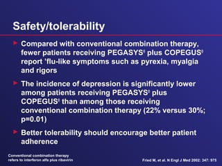 Safety/tolerability
 Compared with conventional combination therapy,
fewer patients receiving PEGASYS®
plus COPEGUS®
report ’flu-like symptoms such as pyrexia, myalgia
and rigors
 The incidence of depression is significantly lower
among patients receiving PEGASYS®
plus
COPEGUS®
than among those receiving
conventional combination therapy (22% versus 30%;
p=0.01)
 Better tolerability should encourage better patient
adherence
Fried M, et al. N Engl J Med 2002: 347: 975
Conventional combination therapy
refers to interferon alfa plus ribavirin
 