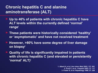 Chronic hepatitis C and alanine
aminotransferase (ALT)
 Up to 46% of patients with chronic hepatitis C have
ALT levels within the currently defined ‘normal’
range1
 These patients were historically considered ‘healthy’
or ‘asymptomatic’ and have not received treatment
 However, >80% have some degree of liver damage
on biopsy2
 Quality of life is significantly impaired in patients
with chronic hepatitis C (and elevated or persistently
‘normal’ ALT)3
1. Alberti A, et al. Ann Intern Med 2002; 137: 961
2. Puoti C, et al. J Hepatol 2002; 37: 117
3. Foster G, et al. Hepatology 1998; 27: 209
 