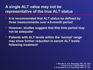A single ALT value may not be
representative of the true ALT status
 It is recommended that ALT status be defined by
three measurements over a 6-month period1
 However, studies suggest that this time period may
not be adequate2
 Patients with ALT levels within the ‘normal’ range
may show further reduction in serum ALT levels
following treatment3
1. Marcellin P, et al. Hepatology 1997; 26: 133S
2. Puoti C, et al. J Hepatol 2002; 37: 117
3. Di Bisceglie A, et al. Hepatology. 2001; 33: 704
 