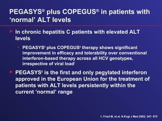 PEGASYS®
plus COPEGUS®
in patients with
‘normal’ ALT levels
 In chronic hepatitis C patients with elevated ALT
levels
• PEGASYS®
plus COPEGUS®
therapy shows significant
improvement in efficacy and tolerability over conventional
interferon-based therapy across all HCV genotypes,
irrespective of viral load1
 PEGASYS®
is the first and only pegylated interferon
approved in the European Union for the treatment of
patients with ALT levels persistently within the
current ‘normal’ range
1. Fried M, et al. N Engl J Med 2002; 347: 975
 