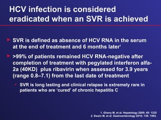 HCV infection is considered
eradicated when an SVR is achieved
 SVR is defined as absence of HCV RNA in the serum
at the end of treatment and 6 months later1
 >99% of patients remained HCV RNA-negative after
completion of treatment with pegylated interferon alfa-
2a (40KD) plus ribavirin when assessed for 3.9 years
(range 0.8–7.1) from the last date of treatment
• SVR is long lasting and clinical relapse is extremely rare in
patients who are ‘cured’ of chronic hepatitis C
1. Ghany M, et al. Hepatology 2009; 49: 1335
2. Swain M, et al. Gastroenterology 2010; 139: 1593.
 