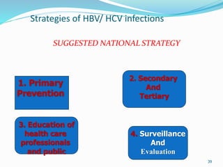 Strategies of HBV/ HCV infections
SUGGESTED NATIONAL STRATEGY
39
1. Primary
Prevention
3. Education of
health care
professionals
and public
4. Surveillance
And
Evaluation
2. Secondary
And
Tertiary
 