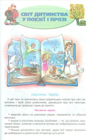 ПОЕТИЧНІ ТВОРИ
У цій темі ти прочитаєш вірші українських поетів про світ за­
хоплень і мрій своїх ровесників, дізнаєшся про їхні пригоди,
ставлення до природи і одне до одного.
Читаючи вірші:
• звертай увагу на римовані рядки, порівняння та образні
вислови;
• разом з учителем знаходь особливе — те, що різнить про­
читані твори, виявляє ставлення автора до зображуваних подій,
персонажів;
• більше дізнавайся про авторів, адже їхні твори належать
до найкращих в українській літературі для дітей.
 
