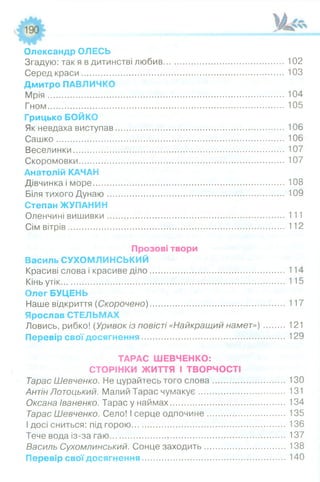Олександр ОЛЕСЬ
Згадую: так я в дитинстві любив..................................................... 102
Серед краси....................................................................................... 103
Дмитро ПАВЛИЧКО
М рія.................................................................................................... 104
Гном..................................................................................................... 105
Грицько БОЙКО
Як невдаха виступав......................................................................... 106
Сашко..................................................................................................106
Веселинки...........................................................................................107
Скоромовки........................................................................................ 107
Анатолій КАЧАН
Дівчинка і море...................................................................................108
Біля тихого Дунаю.............................................................................109
Степан ЖУПАНИН
Оленчині вишивки........................................................................... 111
Сім вітрів........................................................................................... 112
Прозові твори
Василь СУХОМЛИНСЬКИЙ
Красиві слова і красиве діло............................ ..............................114
Кінь утік................................................................................................115
Олег БУЦЕНЬ
Наше відкриття (Скорочено)...........................................................117
Ярослав СТЕЛЬМАХ
Ловись, рибко! (Уривок із повісті «Найкращий намет»)........ 121
Перевір свої досягнення.............. ................................................129
ТАРАС ШЕВЧЕНКО:
СТОРІНКИ ЖИТТЯ І ТВОРЧОСТІ
Тарас Шевченко. Не цурайтесь того слова..............................130
Антін Лотоцький. Малий Тарас чумакує....................................131
Оксана іваненко. Тарас у наймах............................................... 134
Тарас Шевченко. Село! І серце одпочине................................135
І досі сниться: під горою................................................................ 136
Тече вода із-за гаю.......................»................................................137
Василь Сухомлинський. Сонце заходить....................................138
Перевір свої досягнення............................................................ 140
 
