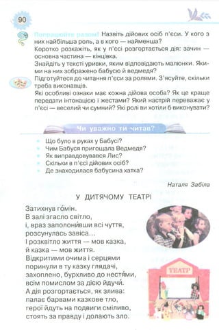 Назвіть дійових осіб п’єси. У кого з
них найбільша роль, а в кого —найменша?
Коротко розкажіть, як у п’єсі розгортається дія: зачин —
основна частина — кінцівка.
Знайдіть у тексті уривки, яким відповідають малюнки. Яки­
ми на них зображено бабусю й ведмедя?
Підготуйтеся до читання п’єси за ролями. З’ясуйте, скільки
треба виконавців.
Які особливі ознаки має кожна дійова особа? Як це краще
передати інтонацією і жестами? Який настрій переважає у
п’єсі —веселий чи сумний? Які ролі ви хотіли б виконувати?
уважно ти читав?
Що було в руках у Бабусі?
Чим Бабуся пригощала Ведмедя?
Як виправдовувався Лис?
Скільки в п’єсі дійових осіб?
Де знаходилася бабусина хатка?
У ДИТЯЧОМУ
Затихнув гомін.
В залі згасло світло,
і, враз заполонивши всі чуття,
розсунулась завіса...
І розквітло життя — мов казка,
й казка — мов життя.
Відкритими очима і серцями
поринули в ту казку глядачі,
захоплено,бурхливо до нестями,
всім помислом за дією йдучи.
А дія розгортається, як злива:
палає барвами казкове тло,
герої йдуть на подвиги сміливо,
стоять за правду і долають зло.
Наталя Забіла
ТЕАТРІ
 