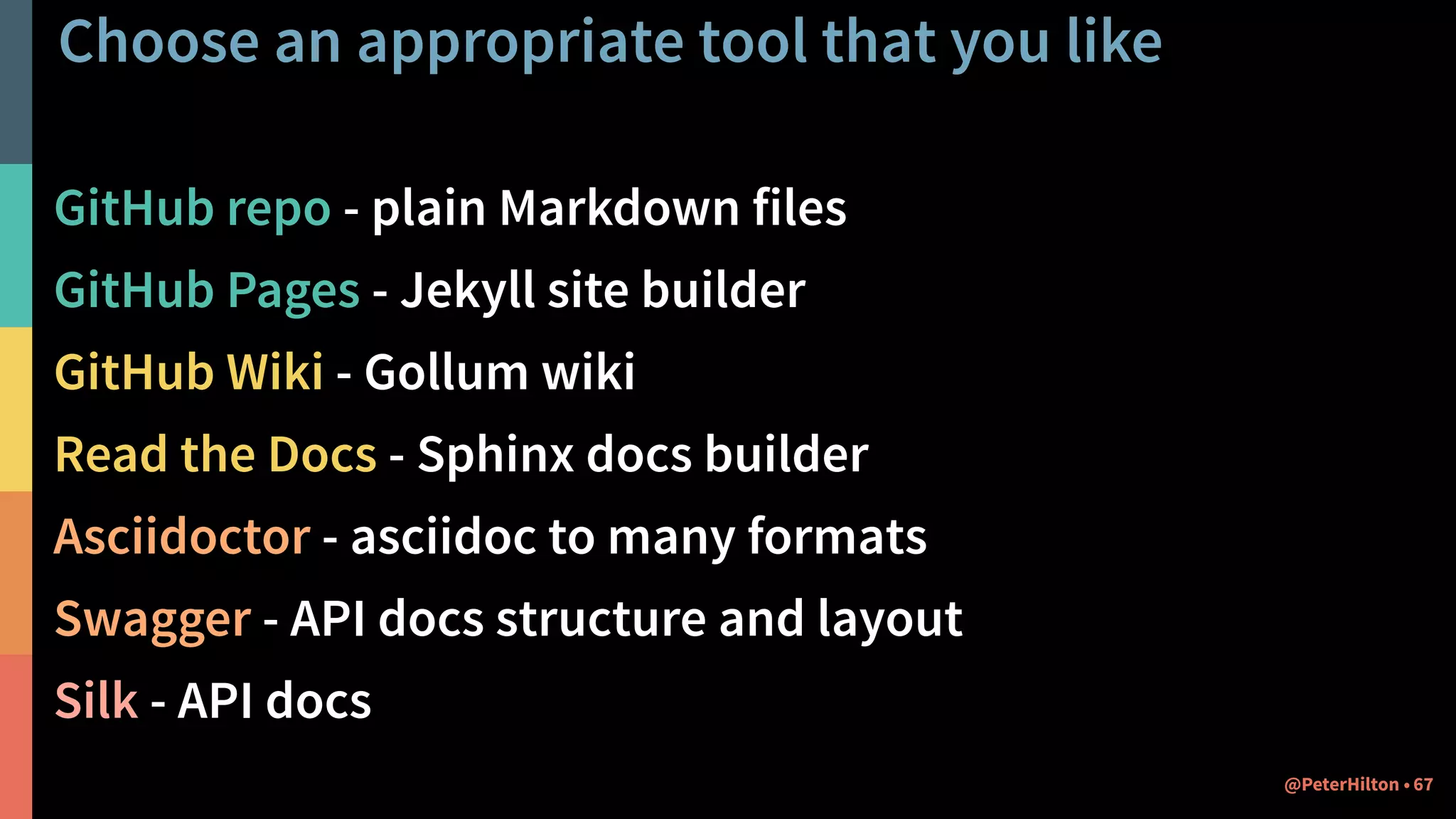 Choose an appropriate tool that you like
GitHub repo - plain Markdown files
GitHub Pages - Jekyll site builder
GitHub Wiki - Gollum wiki
Read the Docs - Sphinx docs builder
Asciidoctor - asciidoc to many formats
Swagger - API docs structure and layout
Silk - API docs
67@PeterHilton •
 