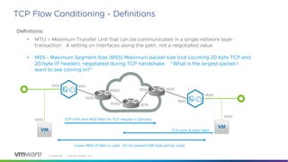 Confidential │ ©2020 VMware, Inc.
TCP Flow Conditioning - Definitions
Definitions:
• MTU – Maximum Transfer Unit that can be communicated in a single network layer
transaction. A setting on interfaces along the path; not a negotiated value
• MSS - Maximum Segment Size (MSS) Maximum packet size (not counting 20 byte TCP and
20 byte IP header); negotiated during TCP handshake. “What is the largest packet I
want to see coming in?”
1500
1500
1500
1500
9000
9000 9214
9214 1600
1600
1600
1600
TCP SYN with MSS 1460 (In TCP Header’s Options)
TCP SYN-B MSS 1560
Lower MSS of 1460 is used. (If not present 536 byte will be used)
 