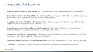 Confidential │ ©2020 VMware, Inc. 40
Unsupported Site Scenarios
• Migrations within a single vCenter Server. HCX requires both a source and a destination vCenter Server.
• Destination Environments without NSX. The HCX Cloud Manager requires NSX. HCX Service Mesh appliance
deployments create NSX overlay network for internal connectivity.
• Source Environments with vSphere 5.0 or older. There is limited support for vCenter Server 5.1 with 5.0 or
5.1 ESXi (HCX Bulk migration only, no vMotion/RAV).
• Source Environments without a vSphere Distributed Switch 5.1 or later. HCX cannot perform Network
Extension of vSphere Standard Switch (VSS) or 3rd Party Switch networks.
• Migrations to non-vSphere Destinations. HCX cannot migrate workloads to environments built on non-ESXi
hypervisors. E.g. Native AWS EC2 VPCs, Hyper-V clusters.
• OS Assisted Migrations from non-Certified Hypervisors. Currently HCX certifies by OS on Hyper-V and KVM.
• Containers. Currently HCX does not migrate containers or convert virtual machines to containers.
 