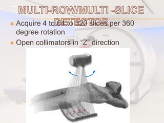  Acquire 4 to 64 to 320 slices per 360
degree rotation
 Open collimators in “Z” direction
1 2 3 4
 