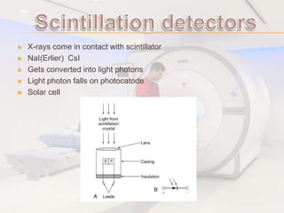  X-rays come in contact with scintillator
 NaI(Erlier) CsI
 Gets converted into light photons
 Light photon falls on photocatode
 Solar cell
 