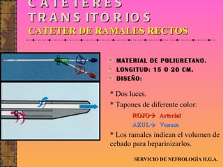 CATÉTERES TRANSITORIOS CATETER DE RAMALES RECTOS MATERIAL DE POLIURETANO . LONGITUD: 15 O 20 CM. DISEÑO : SERVICIO DE NEFROLOGÍA H.G.A. * Dos luces. * Tapones de diferente color: ROJO    Arterial AZUL    Venoso * Los ramales indican el volumen de cebado para heparinizarlos. 