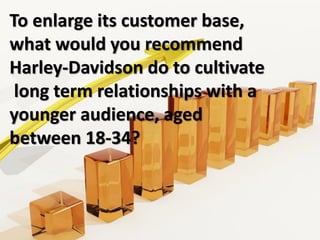 To enlarge its customer base,
what would you recommend
Harley-Davidson do to cultivate
long term relationships with a
younger audience, aged
between 18-34?
 