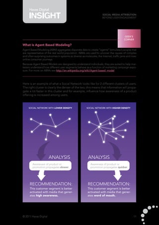 Havas Digital
                                                                      Social Media Attribution
                                                                      Beyond User Engagement




                                                                                          GEEK’S
                                                                                          CORNER

What is Agent Based Modeling?
Agent Based Modeling (ABM) aggregates disparate data to create “agents” (simulated people) that
are representative of the real world population. ABMs are used to uncover the causes of complex
and often surprising outcomes in systems as diverse as molecules, the Internet, traffic jams and now:
online consumer journeys.
Because Agent Based Models are designed to understand individuals, they are suited to help mar-
keters understand how different user segments behave as a function of marketing campaign expo-
sure. For more on ABMs see http://en.wikipedia.org/wiki/Agent-based_model



Here is an example of what a Social Network looks like for 2 different clusters of users.
The right cluster is clearly the denser of the two; this means that information will propa-
gate a lot faster in this cluster and for example, influence how awareness of a product
offering is increased among users.



     Social Network with lower density                  Social Network with higher density




                       Analysis                           Analysis
        Awareness of product or                             Awareness of product or
        promotion propagates slower                         promotion propagates quicker




      Recommendation:                                    Recommendation:
      This customer segment is better                    This customer segment is better
      activated with media that gener-                   activated with media that gener-
      ates high awareness.                               ates word of mouth.




© 2011 Havas Digital                                                                              11
 