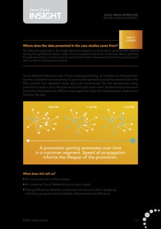 Havas Digital
                                                                     Social Media Attribution
                                                                     Beyond User Engagement




                                                                                        GEEK’S
                                                                                        CORNER

Where does the data presented in the case studies come from?
All of the data presented in this Insight document relates to an ecommerce advertiser that uses Ad
serving through Display, Search, Video, Price Comparison and Email. Social buzz data is gathered
through several buzz monitoring tools and includes Twitter data as well as comments publicly avail-
able on forums and discussion boards.




Social Network behaviors also inform campaign phasing, as is shown on the graph be-
low that illustrates how awareness of a promotion spreads around the network over time
(the colored lines represent posts about the promotion). For this ecommerce client,
promotions have a short life span and build upon each other. Understanding how each
promotion resonates with different user segments helps this marketer plan product pro-
motions life span.



                     1:00 PM                          1:10 PM                         1:25 PM




             A promotion gaining awareness over time
          in a customer segment. Speed of propagation
               informs the lifespan of the promotion.


What does this tell us?
• All consumers are not born equal.
• All consumer Social Networks are not born equal.
• Taking differences between consumers into account when designing
  marketing programs leads to better effectiveness and efficiency.




© 2011 Havas Digital                                                                            12
 