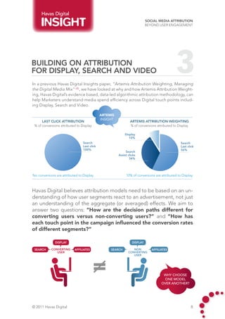 Havas Digital
                                                                         Social Media Attribution
                                                                         Beyond User Engagement




Building on Attribution
for Display, Search and Video
In a previous Havas Digital Insights paper, “Artemis Attribution Weighting, Managing
                                                                                             3
the Digital Media Mix” ( 2 ) , we have looked at why and how Artemis Attribution Weight-
ing, Havas Digital’s evidence based, data-led algorithmic attribution methodology, can
help Marketers understand media spend efficiency across Digital touch points includ-
ing Display, Search and Video.

                                              artemis
                                              insight
      last click attribution                                    artemis attribution weighting
 % of conversions attributed to Display                         % of conversions attributed to Display

                                                            Display
                                                               10%
                                 Search                                                          Search
                                 Last click                                                      Last click
                                 100%                                                            56%
                                                             Search
                                                        Assist clicks
                                                                34%




No conversions are attributed to Display                     10% of conversions are attributed to Display



Havas Digital believes attribution models need to be based on an un-
derstanding of how user segments react to an advertisement, not just
an understanding of the aggregate (or averaged) effects. We aim to
answer two questions: “How are the decision paths different for
converting users versus non-converting users?” and “How has
each touch point in the campaign influenced the conversion rates
of different segments?”




                                                                                     WHY CHOOSE
                                                                                     ONE MODEL
                                                                                    OVER ANOTHER?




© 2011 Havas Digital                                                                                     8
 