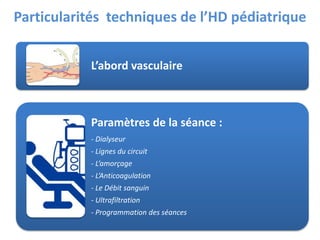 Particularités techniques de l’HD pédiatrique
L’abord vasculaire
Paramètres de la séance :
- Dialyseur
- Lignes du circuit...