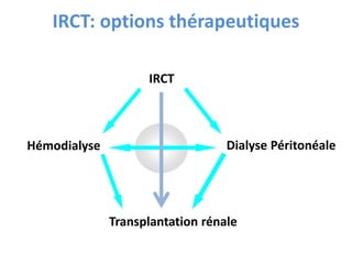 IRCT: options thérapeutiques
IRCT
Hémodialyse
Transplantation rénale
Dialyse Péritonéale
 