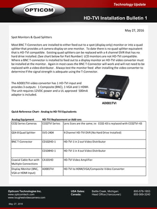 Opticom Technologies Inc. USA Sales: Battle Creek, Michigan: 800-578-1853
www.opticomtech.com Canada: Head Office (Vancouver): 855-569-3240
www.toughestvideocamera.com
May 27, 2016
Technology Update
HD-TVI Installation Bulletin 1
May 27, 2016
Spot Monitors & Quad Splitters
Most BNC T-Connectors are installed to either feed out to a spot (display only) monitor or into a quad
splitter that provides a 4 camera display on one monitor. To date there is no quad splitter equivalent
that is HD-TVI compatible. Existing quad splitters can be replaced with a 4 channel DVR that has no
hard drive installed. (See chart below for Part Number) LCD monitors are not HD-TVI compatible.
Where a BNC T-connector is installed to feed out to a display monitor an HD-TVI video converter must
be installed at the monitor. Again in most cases the BNC T-Connector will work and will not need to be
replaced with a video distributor. Always test the monitor feed after installing the video converter to
determine if the signal strength is adequate using the T-Connector.
The AD001TVI video converter has 1 HD-TVI input and
provides 3 outputs: 1 Composite (BNC), 1 VGA and 1 HDMI.
The unit requires 12VDC power and a UL approved 500mA
adaptor is included.
AD001TVI
Quick Reference Chart - Analog to HD-TVI Equivalents
Analog Equipment HD-TVI Replacement or Add-ons
CC02 Series Cameras CC02TVI Series Lens Sizes are the same; ie: CC02-43 is replaced with CC02TVI-43
QS4-8 Quad Splitter SVD-2404 4 Channel HD-TVI DVR (No Hard Drive Installed)
BNC T-Connector CD102HD-1 HD-TVI 1 in 2 out Video Distributor
CD104HD-1 HD-TVI 1 in 4 out Video Distributor
Coaxial Cable Run with
Multiple Connections
CA101HD HD-TVI Video Amplifier
Display Monitor (BNC,
VGA or HDMI Input)
AD001TVI HD-TVI to HDMI/VGA/Composite Video Converter
 