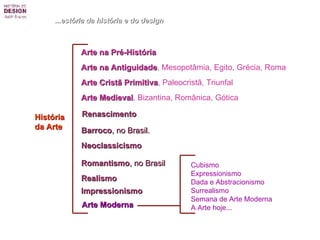 ...estória da história e do design Arte na Pré-História Renascimento Barroco , no Brasil. Neoclassicismo  Romantismo , no Brasil Realismo Arte na Antiguidade , Mesopotâmia, Egito, Grécia, Roma Arte Crist ã  Primitiva , Paleocrist ã , Triunfal Arte Medieval , Bizantina, Românica, Gótica Impressionismo Arte Moderna História da Arte Cubismo Expressionismo Dada e Abstracionismo Surrealismo Semana de Arte Moderna A Arte hoje... 