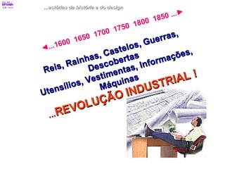 ...estórias da história e do design ◄ ... 1600  1650  1700  1750  1800  1850 ... ► Reis, Rainhas, Castelos, Guerras, Descobertas Utensílios, Vestimentas, Informações, Máquinas ... REVOLUÇÃO INDUSTRIAL ! 