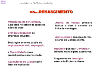 ...estórias da história e do design Valorização do Ser Humano , Colocado no centro de todos os tipos de ação. Acumulação de Capital  como fator de motivação. Grandes consórcios  de empresas privadas. Arsenal de Veneza , primeira fábrica a usar o sistema de linha de montagem. Separação entre os papéis do  empreendedor e do empregado . Maquiavel  publica “ O Príncipe ”, primeiro manual para executivos. a  Contabilidade  como procedimento é aperfeiçoado. Surgimento da  hierarquia  enxuta do Protestantismo. Administração  começa a tornar-se área do Conhecimento. no...RENASCIMENTO 