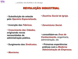 ...estórias da história e do design Doutrina Social da Igreja . Substituição do artesão pelo  Operário Especializado . Darwinismo Social . Invenção das  Fábricas . consolidam-se  Área do Conhecimento ,  engenharia, administração, etc Crescimento das  Cidades , originando novas necessidades de administração pública. Primeiras experiências práticas com a  Moderna Administração de Empresas . Surgimento dos  Sindicatos . Marxismo . REVOLUÇÃO INDUSTRIAL 