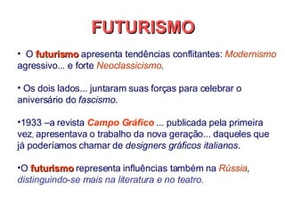 O  futurismo   apresenta tendências conflitantes:   Modernismo   agressivo... e forte   Neoclassicismo . Os dois lados... juntaram suas forças para celebrar o aniversário do  fascismo .   1933 –a revista   Campo Gráfico  ... publicada pela primeira vez ,  apresentava o trabalho da nova geração... daqueles que já poderíamos chamar de  designers gráficos italianos .   O  futurismo   representa influências também na   Rússia ,  distinguindo-se mais na literatura e no teatro.   FUTURISMO 