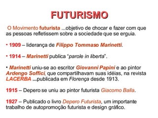 O Movimento  futurista  ...objetivo de chocar e fazer com que as pessoas refletissem sobre a sociedade que se erguia. 1909  – liderança de  Filippo Tommaso Marinetti . 1914  –  Marinetti  publica “ parole in liberta ”. Marinetti  uniu-se ao escritor  Giovanni Papini  e ao pintor  Ardengo Soffici , que compartilhavam suas idéias, na revista  LACERBA  ... publicada em  Florença  desde 1913. 1915  – Depero se uniu ao pintor futurista  Giacomo Balla . 1927   – Publicado o livro  Depero Futurista , um importante  trabalho de autopromoção futurista e design gráfico. FUTURISMO 
