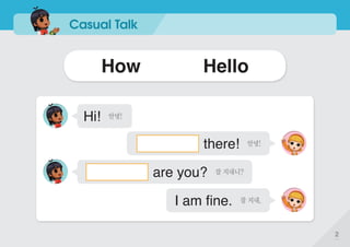 Casual Talk
How Hello
there! 안녕!
I am fine. 잘 지내.
Hi! 안녕!
are you? 잘 지내니?
2
 