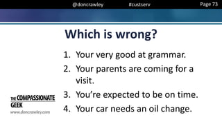 @doncrawley #custserv
Which is wrong?
1. Your very good at grammar.
2. Your parents are coming for a
visit.
3. You’re expected to be on time.
4. Your car needs an oil change.
Page 73
 