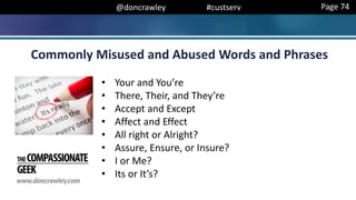 @doncrawley #custserv
• Your and You’re
• There, Their, and They’re
• Accept and Except
• Affect and Effect
• All right or Alright?
• Assure, Ensure, or Insure?
• I or Me?
• Its or It’s?
Commonly Misused and Abused Words and Phrases
Page 74
 