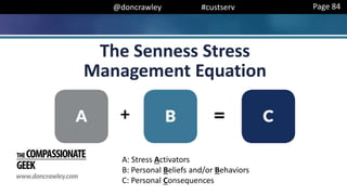 @doncrawley #custserv
The Senness Stress
Management Equation
Page 84
A: Stress Activators
B: Personal Beliefs and/or Behaviors
C: Personal Consequences
 