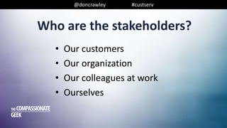 @doncrawley #custserv
• Our customers
• Our organization
• Our colleagues at work
• Ourselves
Who are the stakeholders?
 