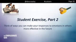 @doncrawley #custserv
Think of ways you can make your responses to emotions in others
more effective in the future
Student Exercise, Part 2
Page 32
 