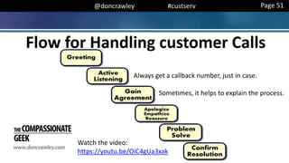 @doncrawley #custserv
Flow for Handling customer Calls
Page 51
Always get a callback number, just in case.
Sometimes, it helps to explain the process.
Watch the video:
https://youtu.be/OiC4gUa3xak
 