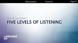 @doncrawley #custserv
FIVE LEVELS OF LISTENING
How do you listen?
Page 57
 