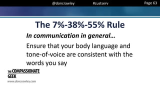 @doncrawley #custserv
The 7%-38%-55% Rule
In communication in general…
Ensure that your body language and
tone-of-voice are consistent with the
words you say
Page 63
 
