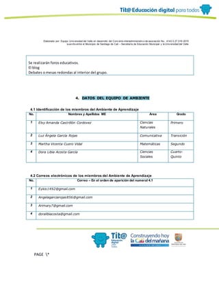 Elaborado por: Equipo Univ ersidad del Valle en desarrollo del Conv enio interadministrativ o de asociación No. 4143.0.27.016-2015
suscrito entre el Municipio de Santiago de Cali – Secretaría de Educación Municipal y la Univ ersidad del Valle
PAGE *
MERGEF
ORMAT
19
Se realizarán foros educativos.
El blog
Debates o mesas redondas al interior del grupo.
4. DATOS DEL EQUIPO DE AMBIENTE
4.1 Identificación de los miembros del Ambiente de Aprendizaje
No. Nombres y Apellidos ME Área Grado
1 Elsy Amanda Castrillón Cordovez Ciencias
Naturales
Primero
2 Luz Ángela García Rojas Comunicativa Transición
3 Martha Vicenta Cuero Vidal Matemáticas Segundo
4 Dora Libia Acosta García Ciencias
Sociales
Cuarto-
Quinto
4.2 Correos electrónicos de los miembros del Ambiente de Aprendizaje
No. Correo – En el orden de aparición del numeral 4.1
1 Eykis1492@gmail.com
2 Angelagarciarojas856@gmail.com
3 Arimary7@gmail.com
4 doralibiacosta@gmail.com
 