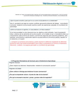 Elaborado por: Equipo Univ ersidad del Valle en desarrollo del Conv enio interadministrativ o de asociación No. 4143.0.27.016-2015
suscrito entre el Municipio de Santiago de Cali – Secretaría de Educación Municipal y la Univ ersidad del Valle
PAGE *
MERGEF
ORMAT
19
¿Qué se quiere enseñar y para qué le va a servir al estudiante en su cotidianidad?
Que el estudiante sea capaz de resolver conflictos generando ambientes del dialogo, reconciliación
y armonía mediante la comunicación asertiva a partir de experiencias apoyadas en el ambiente de
aprendizaje
¿Cómo se involucra lo cognitivo, lo socio-afectivo y lo físico-creativo?
En la transversalidad se nota claramente que los objetivos están enfocados hacia la apropiación
eficaz y efectiva de los elementos de la comunicación, en la medida en que el estudiante utiliza sus
conocimientos sobre la forma de resolver y de formular preguntas para solucionar problemas, para
aprender conocimientos y aprehender desde la escuela estilos de convivencia pacífica, basados en
la tolerancia y el respeto
y enriquece sus procesos comunicativos, puede reconocer la diferencia respetando los diferentes
puntos de vista y que existe la diversidad lo que lo lleva a reconocerse a sí mismo y a expresarse
libremente mediante los espacios generados en el ambiente de aprendizaje
1.5 Preguntas Orientadoras de Currículo para el Ambiente de Aprendizaje
Pregunta Esencial:
¿Cómo mejorar las relaciones interpersonales mediante la comunicación asertiva?
Preguntas de Unidad:
¿Cómo utilizar el dialogo para fortalecer la sana convivencia?
¿Por qué es importante valorar el punto de vista de los demás?
¿Por qué es necesario escuchar, pensar y pensar antes de responder?
 