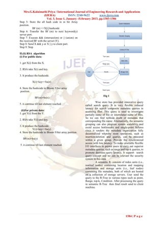 Mrs.G.Kalaimathi Priya / International Journal of Engineering Research and Applications
                (IJERA)             ISSN: 2248-9622         www.ijera.com
                  Vol. 3, Issue 1, January -February 2013, pp.1383-1386
Step 5: Store the all hash code in m bit Array
position.
             BF (m) <=X[i].hashcode
Step 6: Transfer the Bf (m) to next keyword(y)
server port.
Step 7: Execute && (intersection) or || (union) on
the received BF with the server (Y).
Step 8: Send X && y or X || y to client port.
Step 9: Stop

II.(ii) RSA algorithm
(i) For public data:

1. get X(i) from the X.

2. RSA take X(i) and key.

3. It produce the hashcode.

            X(i)+key=>hs(x)

4. Store the hashcode in Bloom Filter array
 position.
                                                                        Fig 1
              BF(m)=hs(x)
                                                                  Wise store has provided innovative query
5. it continue till last element reached.               called search query. It is very flexible reduced
                                                        latency for search composite metadata queries in
 (ii)For private data:                                  accessing files. This query is used to investigate
1. get Y(i) from the Y.                                 partially name of file or interrelated name of files.
                                                        So we can find without doubt of metadata that
2. RSA take Y(i) and key.
                                                        corresponding file name. Alternatively, the semantic
                                                        grouping can also progress system scalability and
3. It produce the hashcode.
                                                        avoid access bottlenecks and single-point failures
            Y(i)+key=>hs(y)
                                                        since it renders the metadata organization fully
4. Store the hashcode in Bloom Filter array position.   decentralized whereby most operations, such as
                                                        insertion/deletion and queries, can be executed
   BF(m)=hs(y)                                          within a given group. Provide the synchronized
                                                        access with low latency. To make available flexible
5. it continue till last element reached.               I/O interfaces to permit users to carry out superior
                                                        metadata queries, such as range and top-k queries, to
                                                        promote decrease query latency, It support search
                                                        query concept and we can be relevant the security
                                                        system in this idea.
                                                                  A semantic R- consists of index units (i.e.,
                                                        nonleaf nodes) containing location and mapping
                                                        information and storage units (i.e., leaf nodes)
                                                        containing file metadata, both of which are hosted
                                                        on a collection of storage servers. User send the
                                                        query to the R-Tree in various types such as point,
                                                        Range, top-k, Condition. After processing the query
                                                        in semantic R-Tree then final result send to client
                                                        machine.




                                                                                             1384 | P a g e
 
