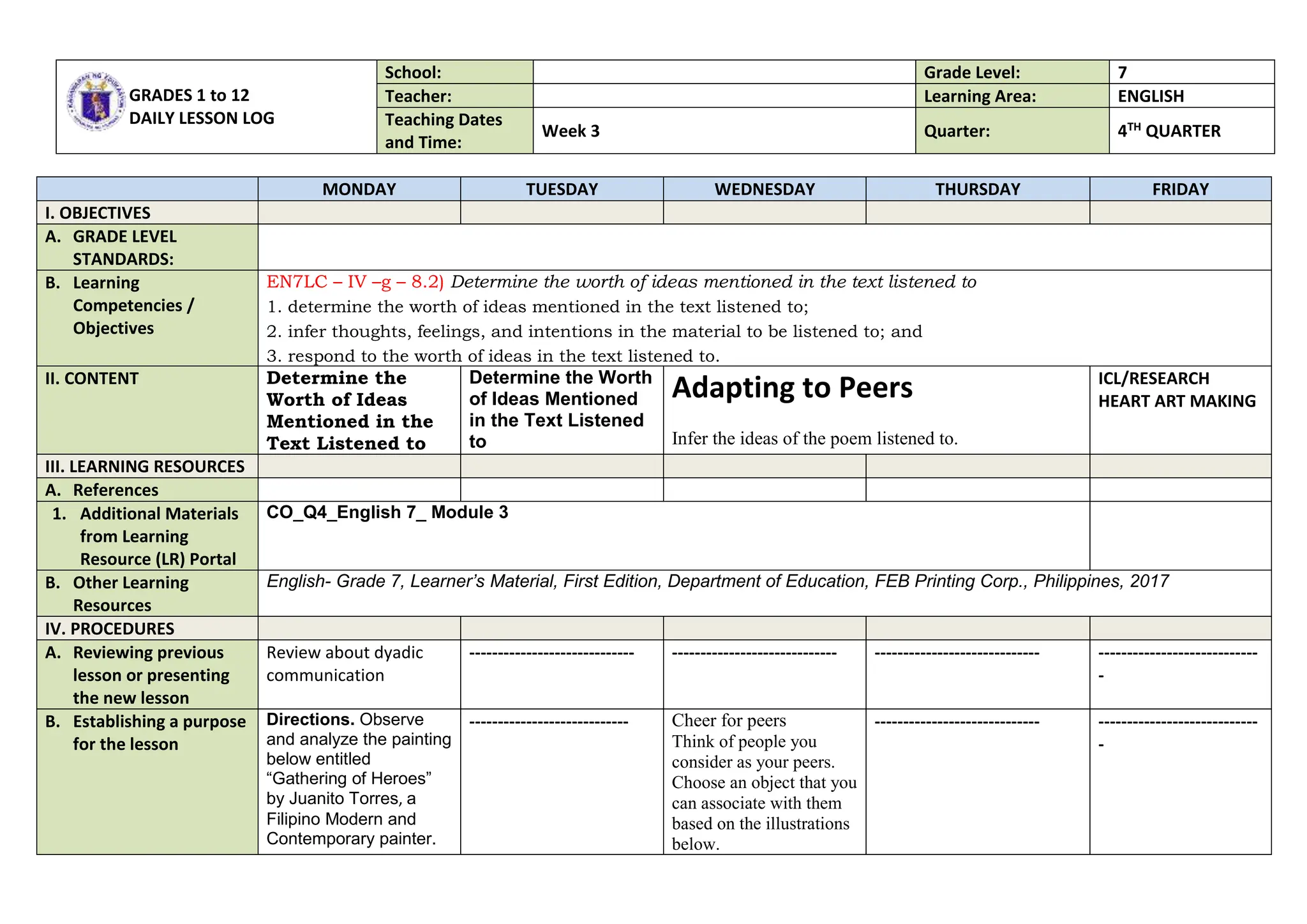English 7 Adapting to peers module 3-232 | DOCX