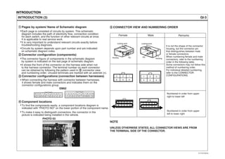 INTRODUCTION
GI-3INTRODUCTION (3)
Pages by system/ Name of Schematic diagram
Each page is consisted of circuits by system. This schematic
diagram includes the path of electricity flow, connection condition
for each switch, and the function of other relevant circuits at once.
It is applicable to real service work.
1
Connector configurations (connection between harnesses)
The connector figure of components in the schematic diagram
by system is indicated on the last page of schematic diagram.
It shows the front of the connector on the harness side when not
to the harness connector. The terminal number on each connector
can be obtained by following the pattern used in 5 connector view
and numbering order. Unused terminals are marked with an asterisk ( ).
When connecting the harness with connector between harnesses,
it shows female and male connectors and indicates them on the
connector configurations group.
To find the components easily, a component locations diagram is
indicated with "PHOTO NO" on the lower portion of the component name.
To make it easy to distinguish connectors, the connector in the
picture is indicated being installed in the vehicle.
Circuits by system depends upon part number and are indicated
on schematic diagram index.
10 9 8 7 6 5 4 3
2122
12
17181920 16 15 1314 12 11
109876543
21 22
1 2
17 18 19 20161513 141211
EM02
PHOTO 03
3 2 1
6 5 4
1 2 3
4 5 6
3 2 1
6 5 4
1 2 3
4 5 6
Connector configuration (components)2
3
Component locations4
CONNECTOR VIEW AND NUMBERING ORDER5
It is very important to understand relevant circuits exactly before
troubleshooting diagnosis.
Male
It is not the shape of the connector
housing, but the connector pin
that distinguishes between male
or female connectors.
When numbering female and male
connectors, refer to the numbering
order in the following table.
Some connectors may not follow this
method of numbering order.
For individual detailed numbering,
refer to the CONNECTOR
CONFIGURATIONS.
Female Remarks
Locking point
Housing Pin
Locking point
Pin
Housing
Numbered in order from upper
right to lower left
Numbered in order from upper
left to lower right
NOTE
UNLESS OTHERWISE STATED, ALL CONNECTOR VIEWS ARE FROM
THE TERMINAL SIDE OF THE CONNECTOR.
*
EVTGI70003L
 