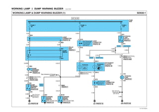 WORKING LAMP ＆ DUMP WARNING BUZZER E4E47DDF
See Passenger
Compartment
Fuse Details
(SD120-2)
16 M78
14 M78
2 M36-3
INSTRUMENT
CLUSTER
JOINT
CONNECTOR
0.5O
PARKING
BRAKE
SWITCH
(W/O Double Cab)
PHOTO 27
PARKING WORKING
LAMP
( P )
SD930-1WORKING LAMP & DUMP WARNING BUZZER (1)
1.25W
2 C02
1 C02
1 M75
2 M75
JOINT
CONNECTOR
3 M76
7 M36-1
13 M36-2
5 M76
WORKING
LAMP
SWITCH
15
10
MC02(D4AF/D4AL)
MC05(D4DD)
1.25Gr
1.25B
0.5B
0.5Gr 0.5Gr
7
6
M36-2(D4AF/D4AL)
M36-3(D4DD)
0.5B
FUSE
BOX
FUSE 7
5A
FUSE 1
15A
0.85O
FUSE 12
10A
HOT IN ON
0.5R
0.5R/B
0.5W
0.5L/O0.85W
0.5L/O
1.25B
0.85B
0.5L/O
0.5R
0.5R
RELAY
BOX
G03
16 15 M54
17 M54
JOINT
CONNECTOR
1 M23
2
19
MC02(D4AF/D4AL)
MC06(D4DD)
2 MM01
2 M23
1 C03
DUMP
WARNING
SWITCH
2 C03
2 M103
PHOTO 4/20
PHOTO 64
DUMP
WARNING
BUZZER
PHOTO 15
PHOTO 48 G01 PHOTO 15
0.5L/O
0.5L/O
PARKING
BRAKE
SWITCH
(With Double Cab)
2 M34
PHOTO 15
PHOTO 7
PHOTO 16
PHOTO 61
PHOTO 19
PHOTO 19
PHOTO 10
PHOTO 1
PHOTO 3
D4AF/D4ALD4DD
1.25Gr
1.25Gr
1.25Gr
See Indicators & Gauges
(SD940-1) WORKING
LAMP
D4AF/
D4AL
See Ground
Distribution
(SD130-1)
See Ground
Distribution
(SD130-5)
1.25B
G03 PHOTO 48
See Ground
Distribution
(SD130-5)
DUMP
RELAY
4 M093
1 M095
D4AF/D4ALD4DD
PHOTO 4/20
EVTSD7930AL
 