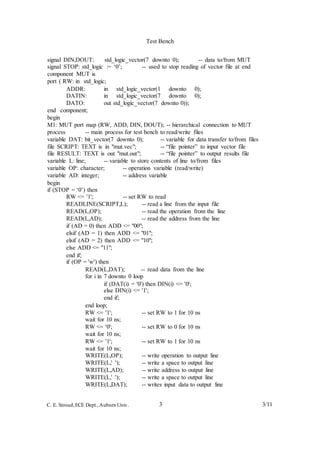 Test Bench
3 3/11C. E. Stroud,ECE Dept.,Auburn Univ.
signal DIN,DOUT: std_logic_vector(7 downto 0); -- data to/from MUT
signal STOP: std_logic := ‘0’; -- used to stop reading of vector file at end
component MUT is
port ( RW: in std_logic;
ADDR: in std_logic_vector(1 downto 0);
DATIN: in std_logic_vector(7 downto 0);
DATO: out std_logic_vector(7 downto 0));
end component;
begin
M1: MUT port map (RW, ADD, DIN, DOUT); -- hierarchical connection to MUT
process -- main process for test bench to read/write files
variable DAT: bit_vector(7 downto 0); -- variable for data transfer to/from files
file SCRIPT: TEXT is in "mut.vec"; -- “file pointer” to input vector file
file RESULT: TEXT is out "mut.out"; -- “file pointer” to output results file
variable L: line; -- variable to store contents of line to/from files
variable OP: character; -- operation variable (read/write)
variable AD: integer; -- address variable
begin
if (STOP = ‘0’) then
RW <= '1'; -- set RW to read
READLINE(SCRIPT,L); -- read a line from the input file
READ(L,OP); -- read the operation from the line
READ(L,AD); -- read the address from the line
if (AD = 0) then ADD <= "00";
elsif (AD = 1) then ADD <= "01";
elsif (AD = 2) then ADD <= "10";
else ADD <= "11";
end if;
if (OP = 'w') then
READ(L,DAT); -- read data from the line
for i in 7 downto 0 loop
if (DAT(i) = '0') then DIN(i) <= '0';
else DIN(i) <= '1';
end if;
end loop;
RW <= '1'; -- set RW to 1 for 10 ns
wait for 10 ns;
RW <= '0'; -- set RW to 0 for 10 ns
wait for 10 ns;
RW <= '1'; -- set RW to 1 for 10 ns
wait for 10 ns;
WRITE(L,OP); -- write operation to output line
WRITE(L,' '); -- write a space to output line
WRITE(L,AD); -- write address to output line
WRITE(L,' '); -- write a space to output line
WRITE(L,DAT); -- writes input data to output line
 